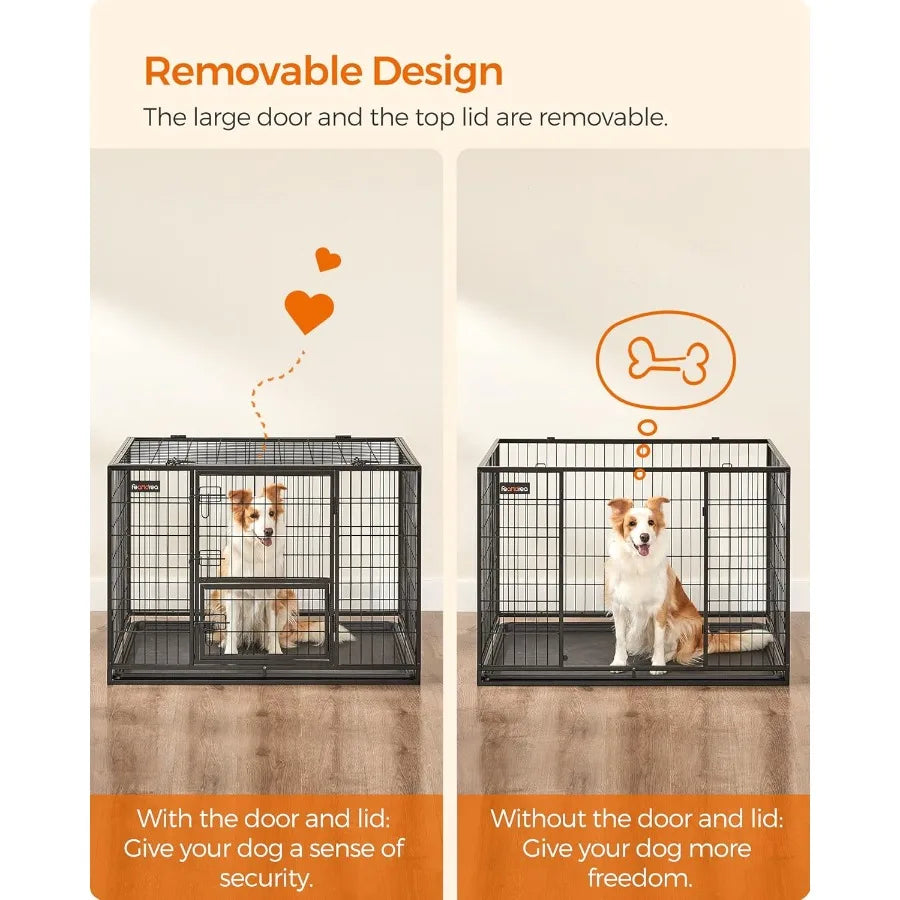 42.1 Inch Heavy Duty Metal Dog Crate with Double Doors and Feeding Door Removable Tray Easy to Clean XL Pet Kennel for Large an