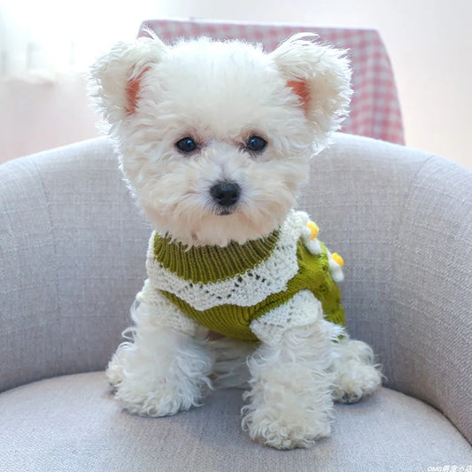 1PC Pet Apparel Dog Autumn and Winter Thickened Warm Green Pink 3D Flower Knitwear Pullover Sweater For Small Medium Dogs