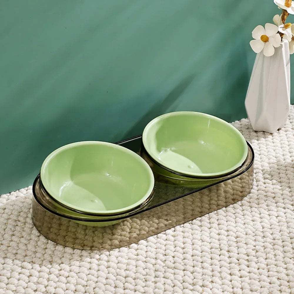 Transparent Pet Neck Protector Double Bowl, Macaron Color Water & Food Combo Bowl, Luxury Cat Bowl for Feeding & Drinking