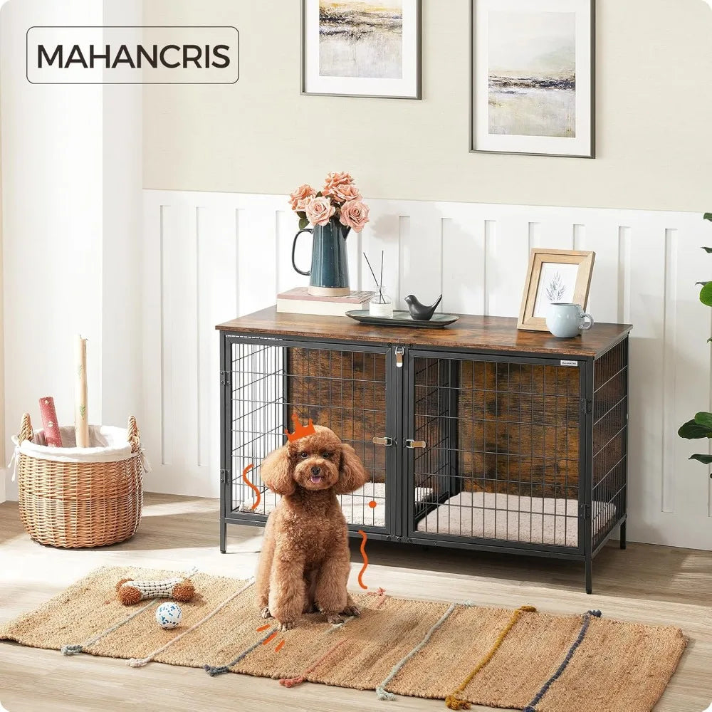Double Dog Crate Furniture with Removable Divider, 43.3 Inch Rustic Brown Kennel for Small Medium Pets