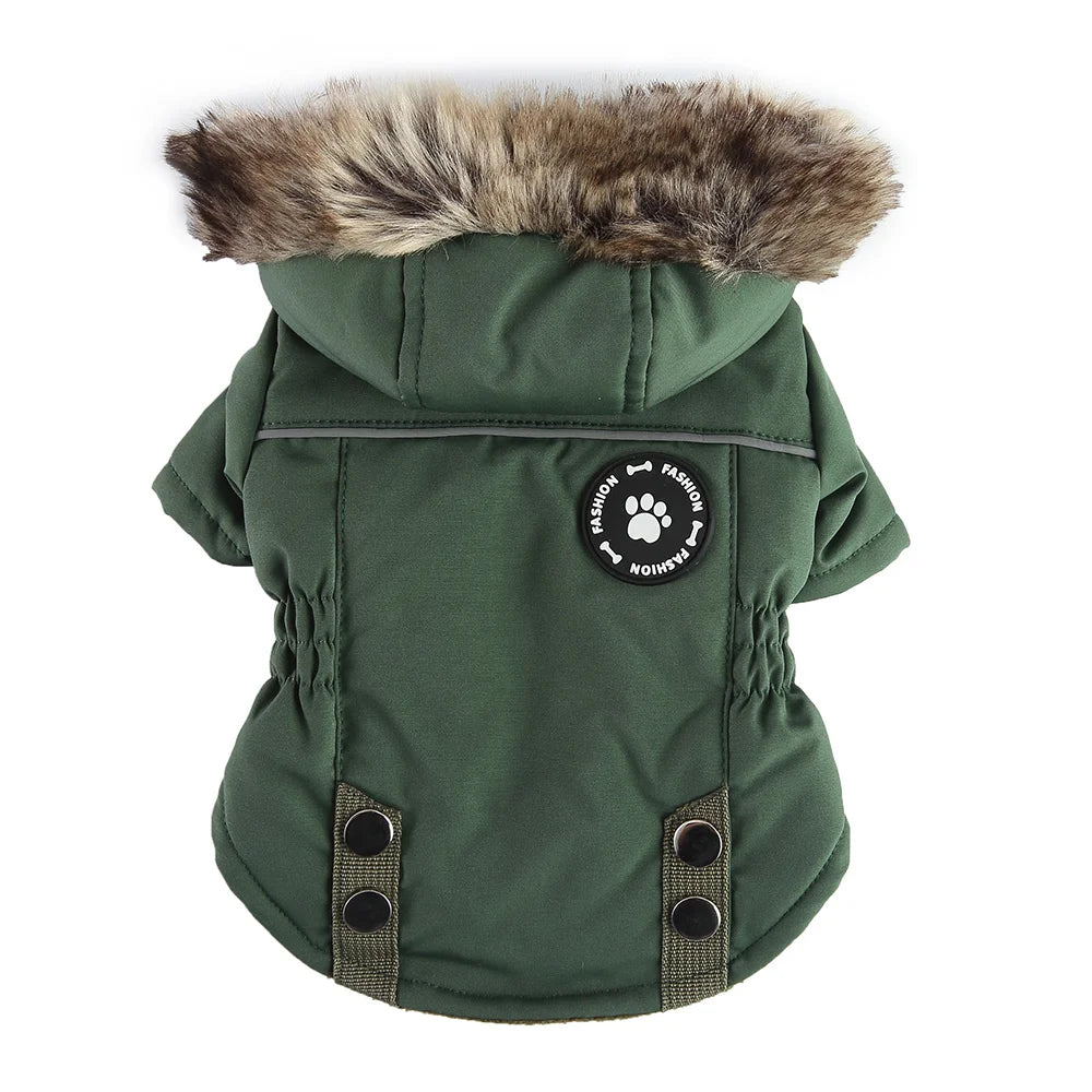 Winter Hooded Dog Coat with Reflective Strap Windproof Warm Pet Jacket with Flannel Lining Faux Fur Hood & Pocket for Small Dogs