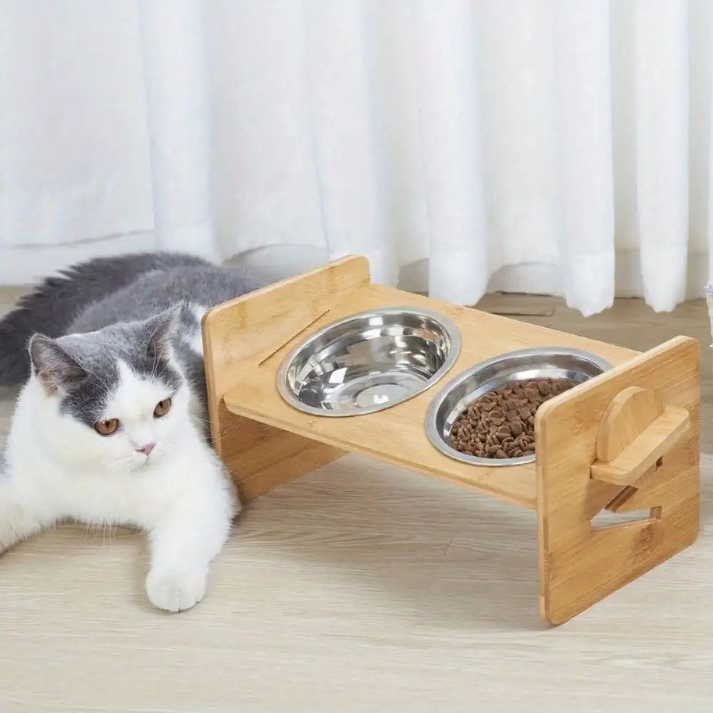 Bamboo 4 Level Adjustable Raised Pet Bowls Dog Bowl Station Elevated Food Stand