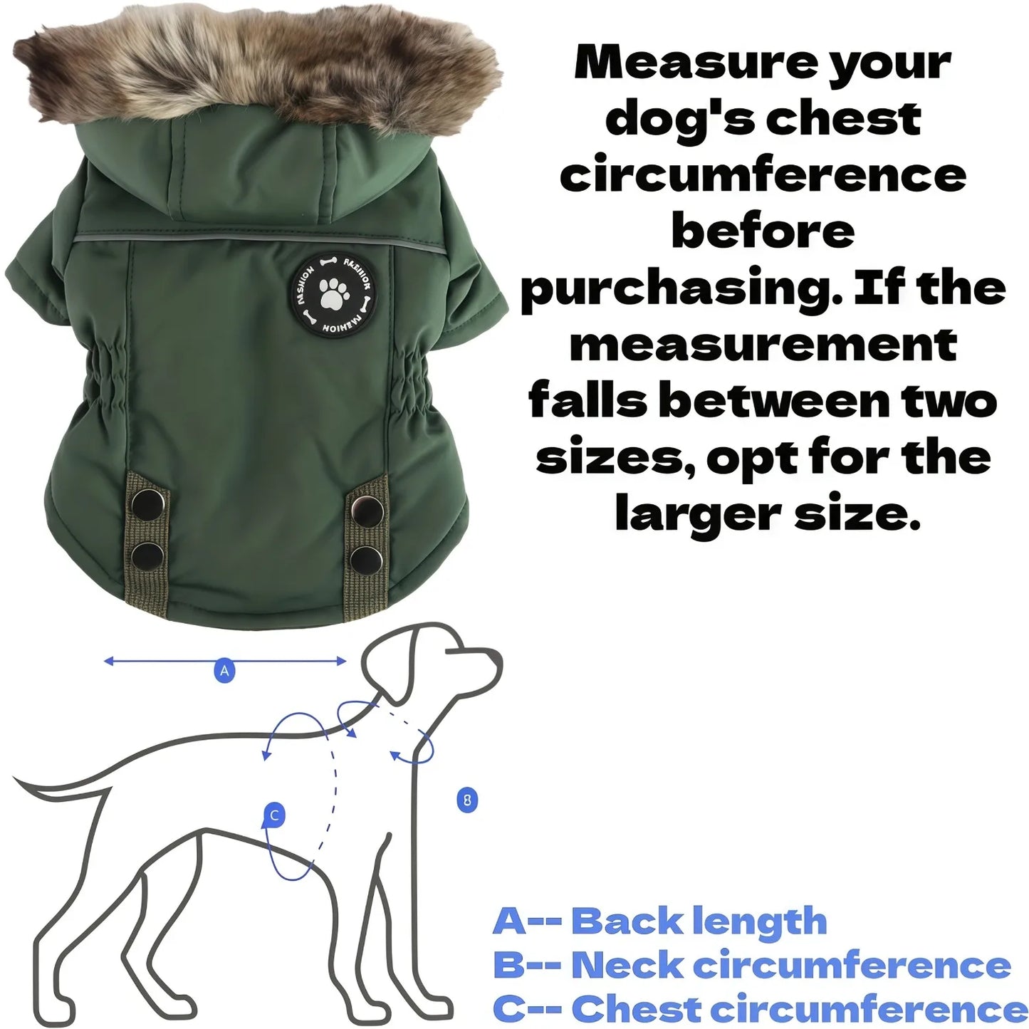 Winter Hooded Dog Coat with Reflective Strap Windproof Warm Pet Jacket with Flannel Lining Faux Fur Hood & Pocket for Small Dogs