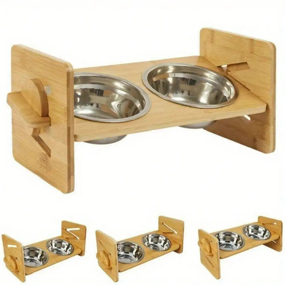 Bamboo 4 Level Adjustable Raised Pet Bowls Dog Bowl Station Elevated Food Stand