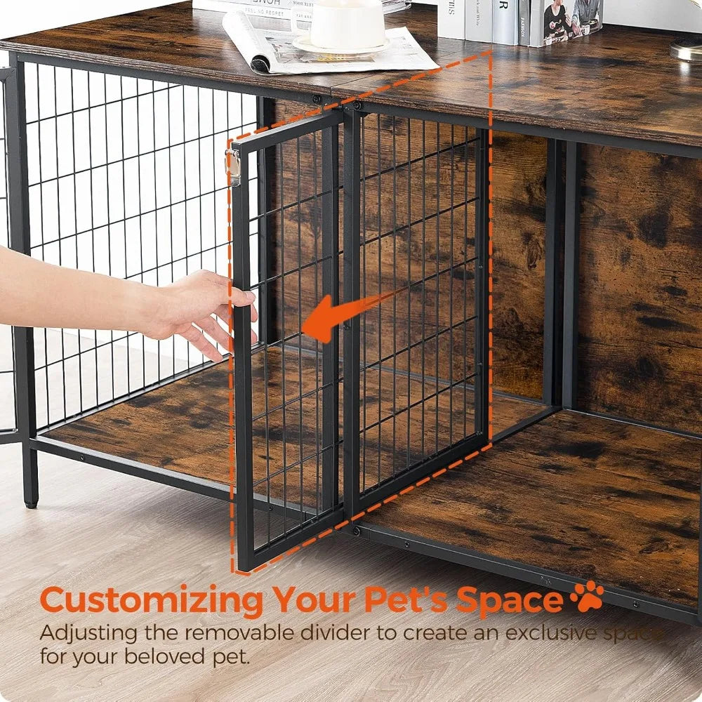 Double Dog Crate Furniture with Removable Divider, 43.3 Inch Rustic Brown Kennel for Small Medium Pets