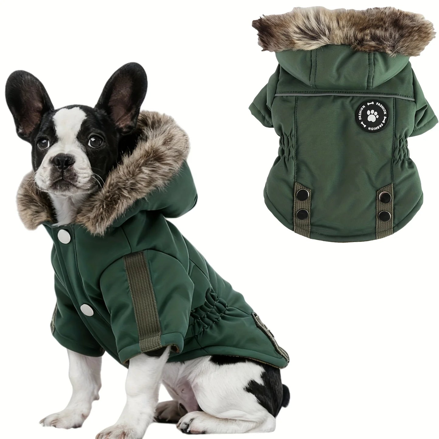 Winter Hooded Dog Coat with Reflective Strap Windproof Warm Pet Jacket with Flannel Lining Faux Fur Hood & Pocket for Small Dogs