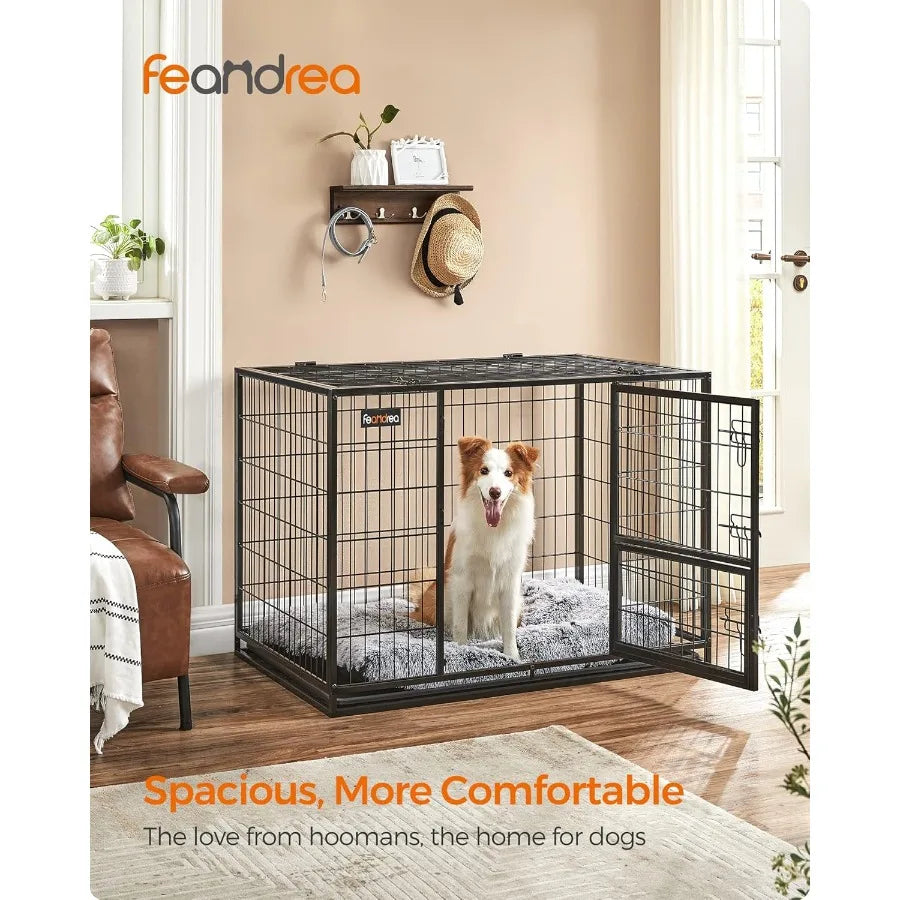 42.1 Inch Heavy Duty Metal Dog Crate with Double Doors and Feeding Door Removable Tray Easy to Clean XL Pet Kennel for Large an