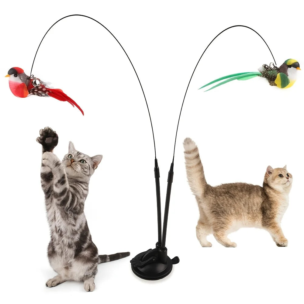 Interactive Cat Teaser Wand Set with Realistic Birds- Handfree Long Pole&Double Rod, Bell And Strong Suction Cup for Active Play