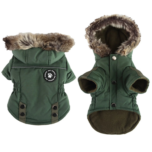 Winter Hooded Dog Coat with Reflective Strap Windproof Warm Pet Jacket with Flannel Lining Faux Fur Hood & Pocket for Small Dogs