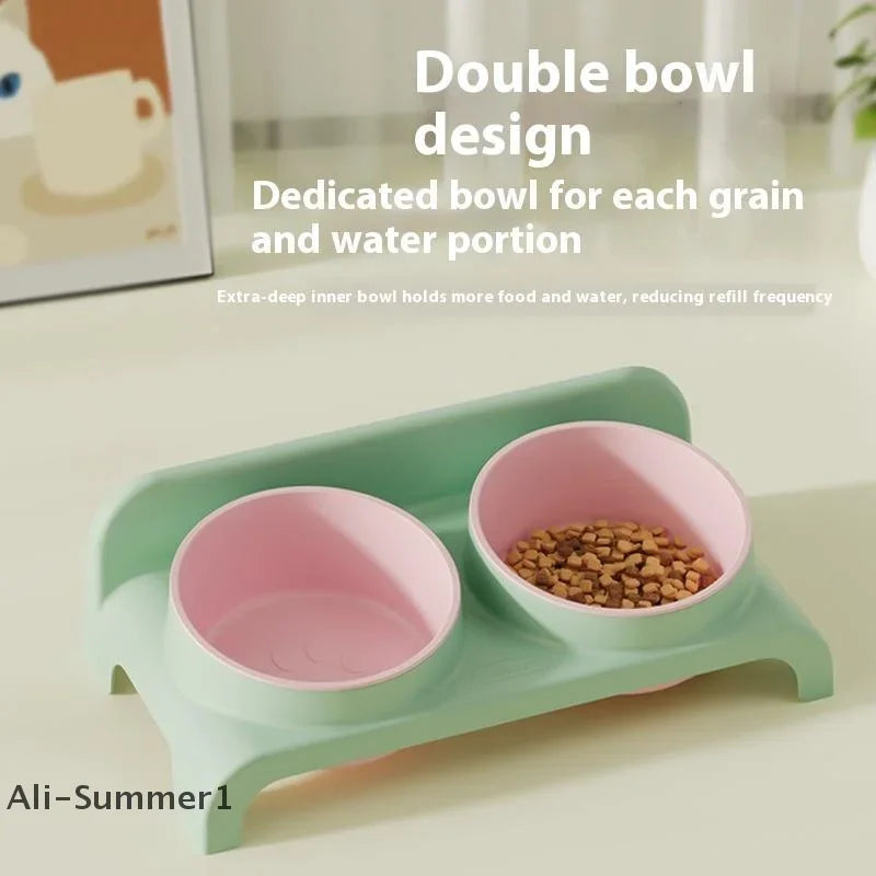 【E】Food Feeders Pet Cat Double Bowls Feeder Adjustable Height Cats Dogs Drinker Water Bowl Dish Elevated Feeding Kitten Supplies