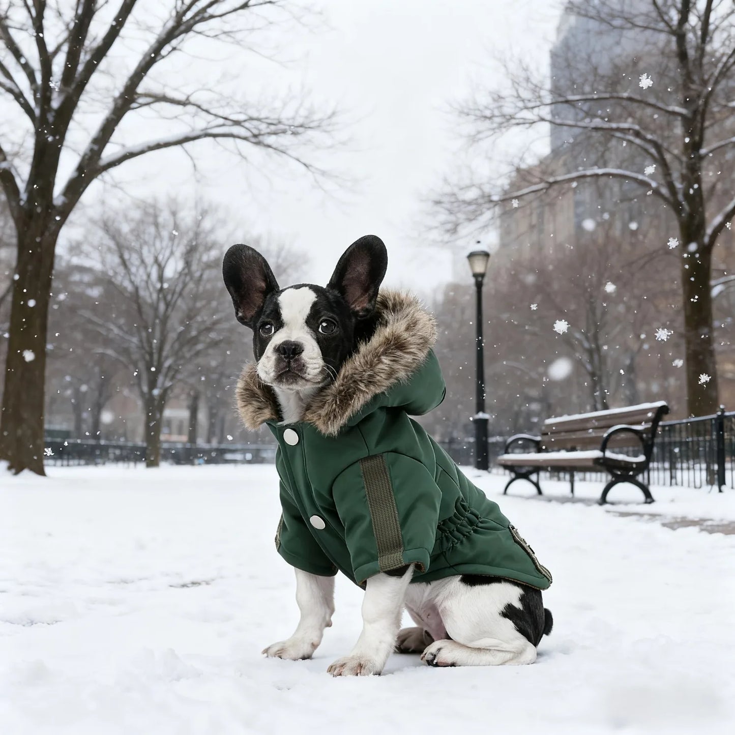 Winter Hooded Dog Coat with Reflective Strap Windproof Warm Pet Jacket with Flannel Lining Faux Fur Hood & Pocket for Small Dogs