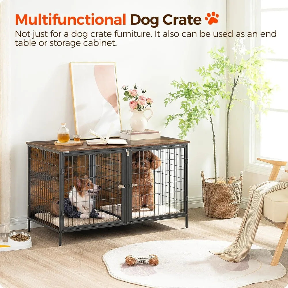 Double Dog Crate Furniture with Removable Divider, 43.3 Inch Rustic Brown Kennel for Small Medium Pets