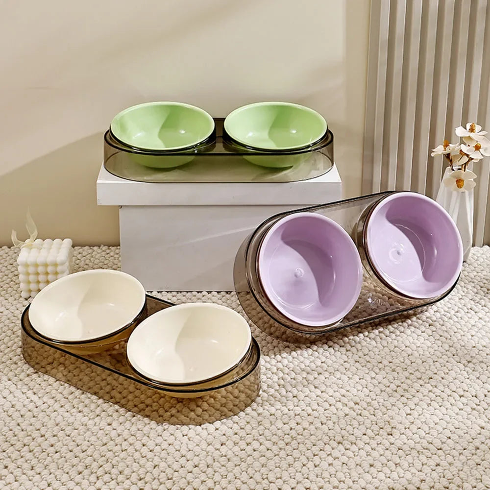 Transparent Pet Neck Protector Double Bowl, Macaron Color Water & Food Combo Bowl, Luxury Cat Bowl for Feeding & Drinking