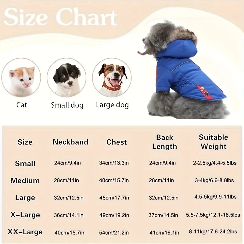 Winter Hooded Dog Coat with Reflective Strap Windproof Warm Pet Jacket with Flannel Lining Faux Fur Hood & Pocket for Small Dogs