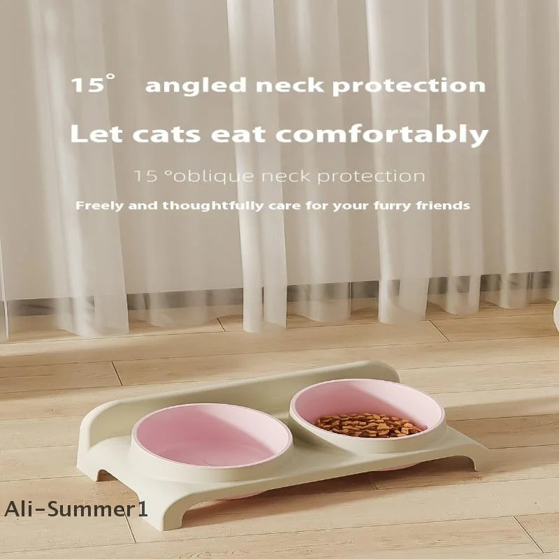 【E】Food Feeders Pet Cat Double Bowls Feeder Adjustable Height Cats Dogs Drinker Water Bowl Dish Elevated Feeding Kitten Supplies