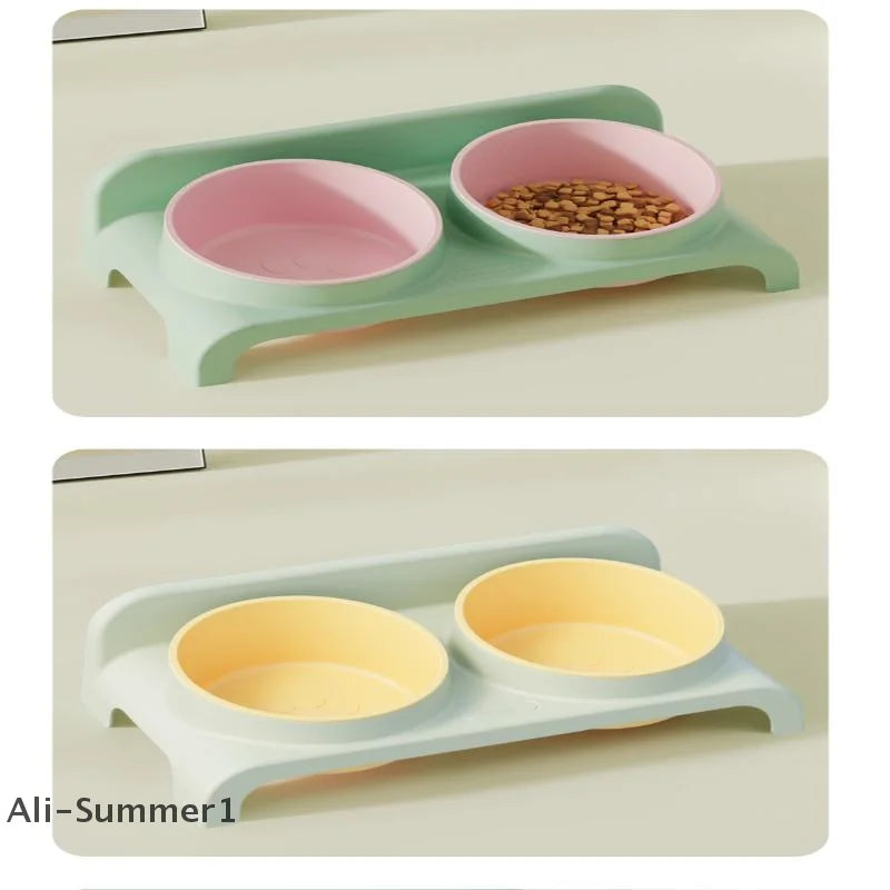 【E】Food Feeders Pet Cat Double Bowls Feeder Adjustable Height Cats Dogs Drinker Water Bowl Dish Elevated Feeding Kitten Supplies