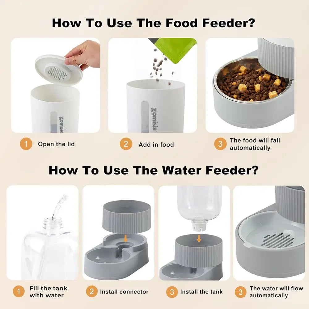Gravity Cat Feeder and Water Dispenser - Automatic Cat Food and Water Dispenser with Stainless Steel Bowl, 2 Pack Pet Self Feedi