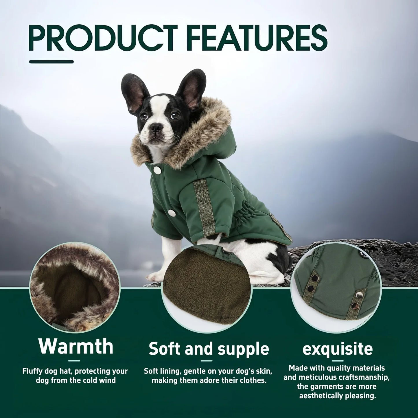 Winter Hooded Dog Coat with Reflective Strap Windproof Warm Pet Jacket with Flannel Lining Faux Fur Hood & Pocket for Small Dogs