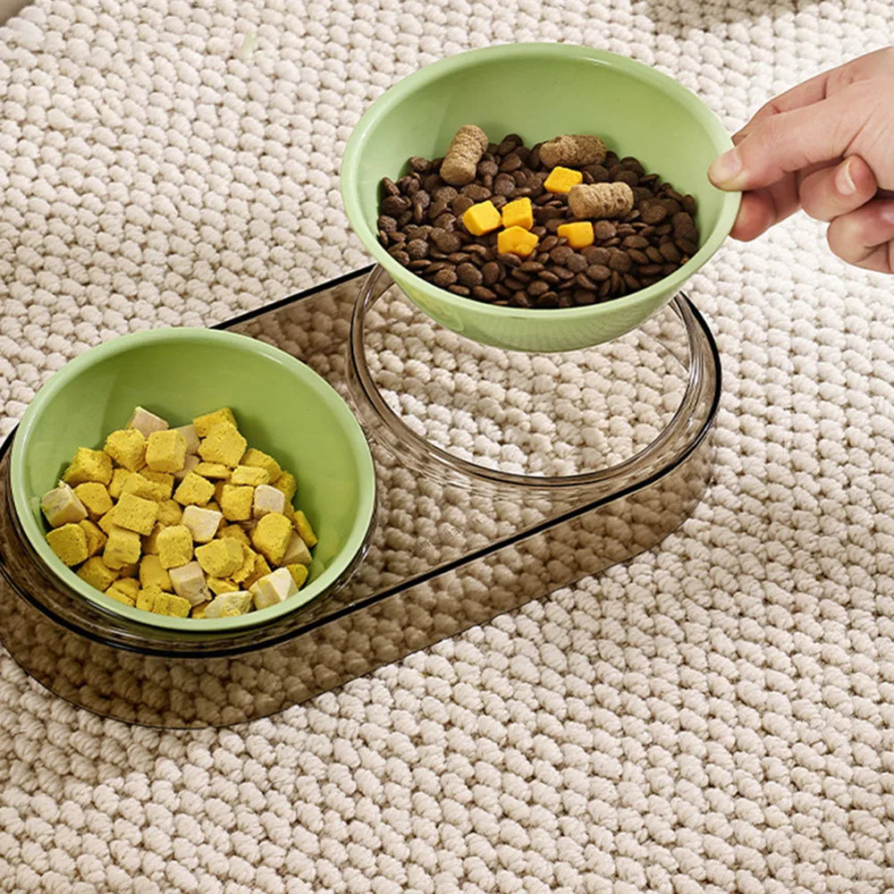 Transparent Pet Neck Protector Double Bowl, Macaron Color Water & Food Combo Bowl, Luxury Cat Bowl for Feeding & Drinking