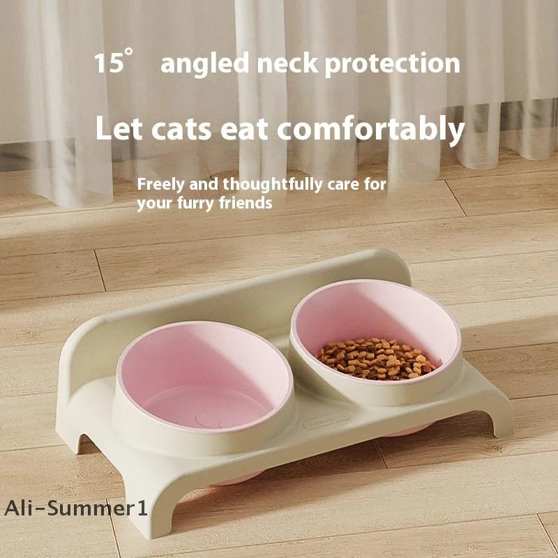 【E】Food Feeders Pet Cat Double Bowls Feeder Adjustable Height Cats Dogs Drinker Water Bowl Dish Elevated Feeding Kitten Supplies
