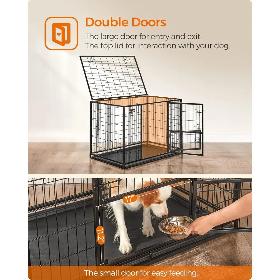 42.1 Inch Heavy Duty Metal Dog Crate with Double Doors and Feeding Door Removable Tray Easy to Clean XL Pet Kennel for Large an
