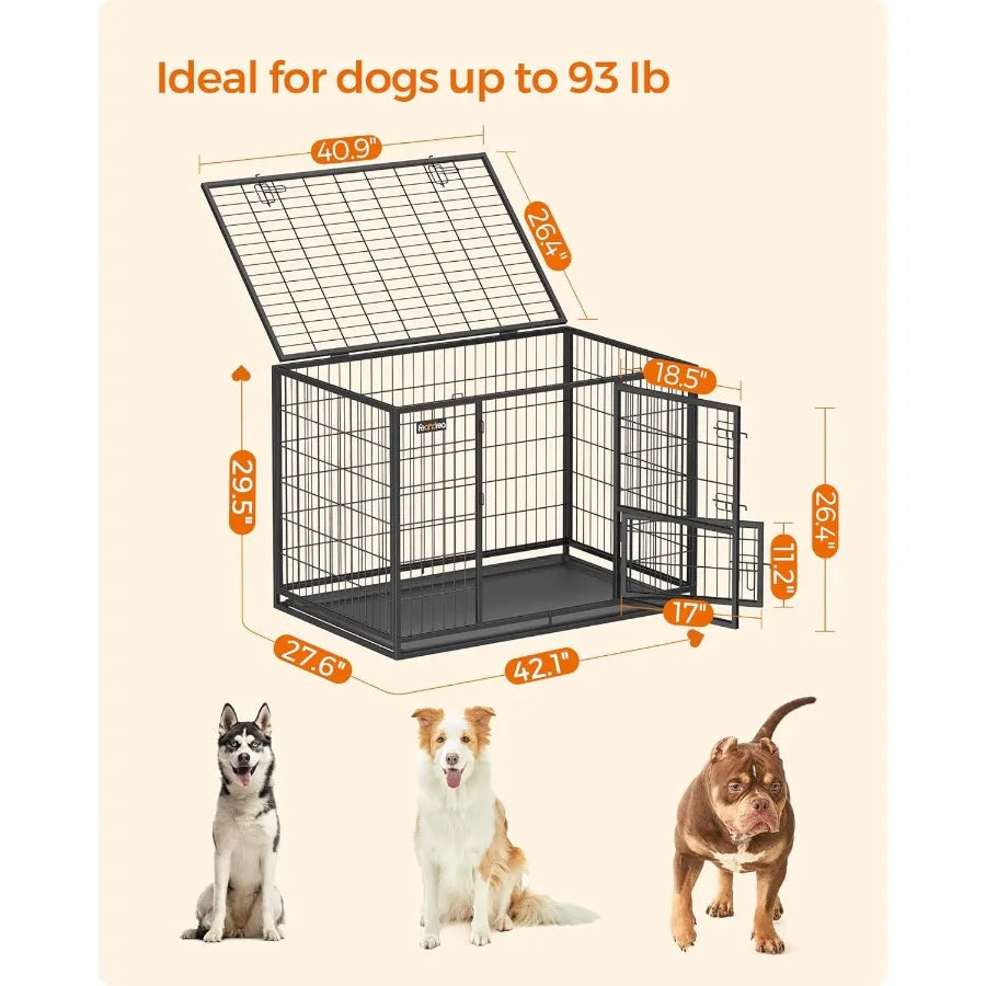42.1 Inch Heavy Duty Metal Dog Crate with Double Doors and Feeding Door Removable Tray Easy to Clean XL Pet Kennel for Large an