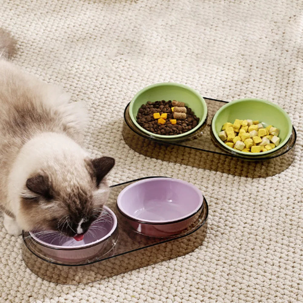 Transparent Pet Neck Protector Double Bowl, Macaron Color Water & Food Combo Bowl, Luxury Cat Bowl for Feeding & Drinking
