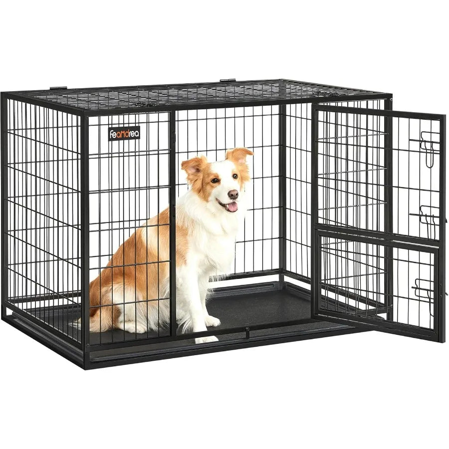 42.1 Inch Heavy Duty Metal Dog Crate with Double Doors and Feeding Door Removable Tray Easy to Clean XL Pet Kennel for Large an