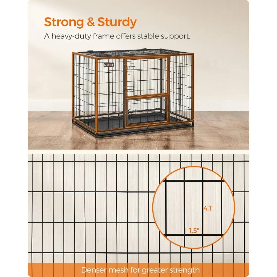 42.1 Inch Heavy Duty Metal Dog Crate with Double Doors and Feeding Door Removable Tray Easy to Clean XL Pet Kennel for Large an