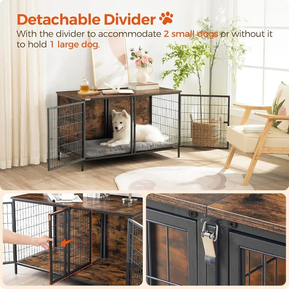 Double Dog Crate Furniture with Removable Divider, 43.3 Inch Rustic Brown Kennel for Small Medium Pets