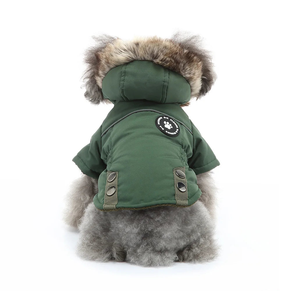 Winter Hooded Dog Coat with Reflective Strap Windproof Warm Pet Jacket with Flannel Lining Faux Fur Hood & Pocket for Small Dogs