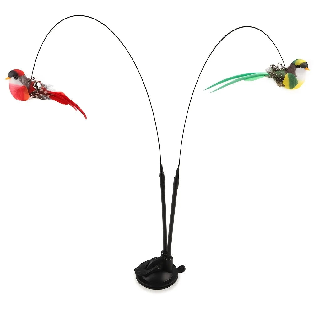 Interactive Cat Teaser Wand Set with Realistic Birds- Handfree Long Pole&Double Rod, Bell And Strong Suction Cup for Active Play