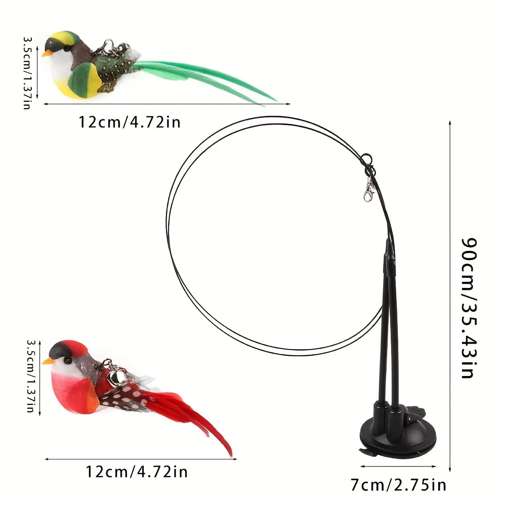 Interactive Cat Teaser Wand Set with Realistic Birds- Handfree Long Pole&Double Rod, Bell And Strong Suction Cup for Active Play