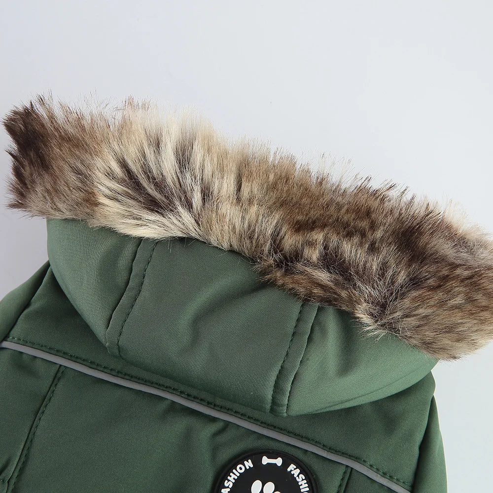 Winter Hooded Dog Coat with Reflective Strap Windproof Warm Pet Jacket with Flannel Lining Faux Fur Hood & Pocket for Small Dogs