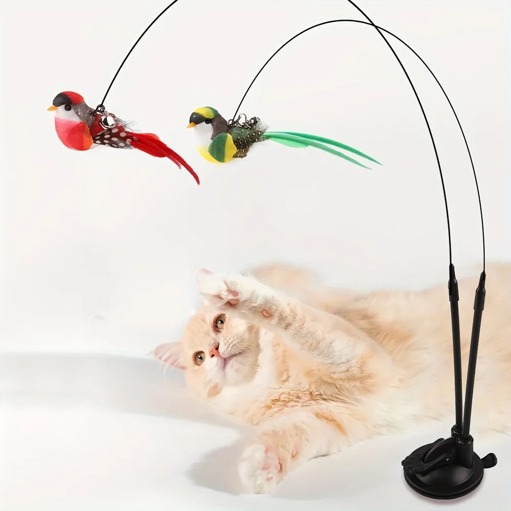 Interactive Cat Teaser Wand Set with Realistic Birds- Handfree Long Pole&Double Rod, Bell And Strong Suction Cup for Active Play