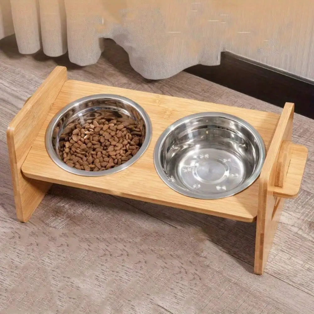 Bamboo 4 Level Adjustable Raised Pet Bowls Dog Bowl Station Elevated Food Stand