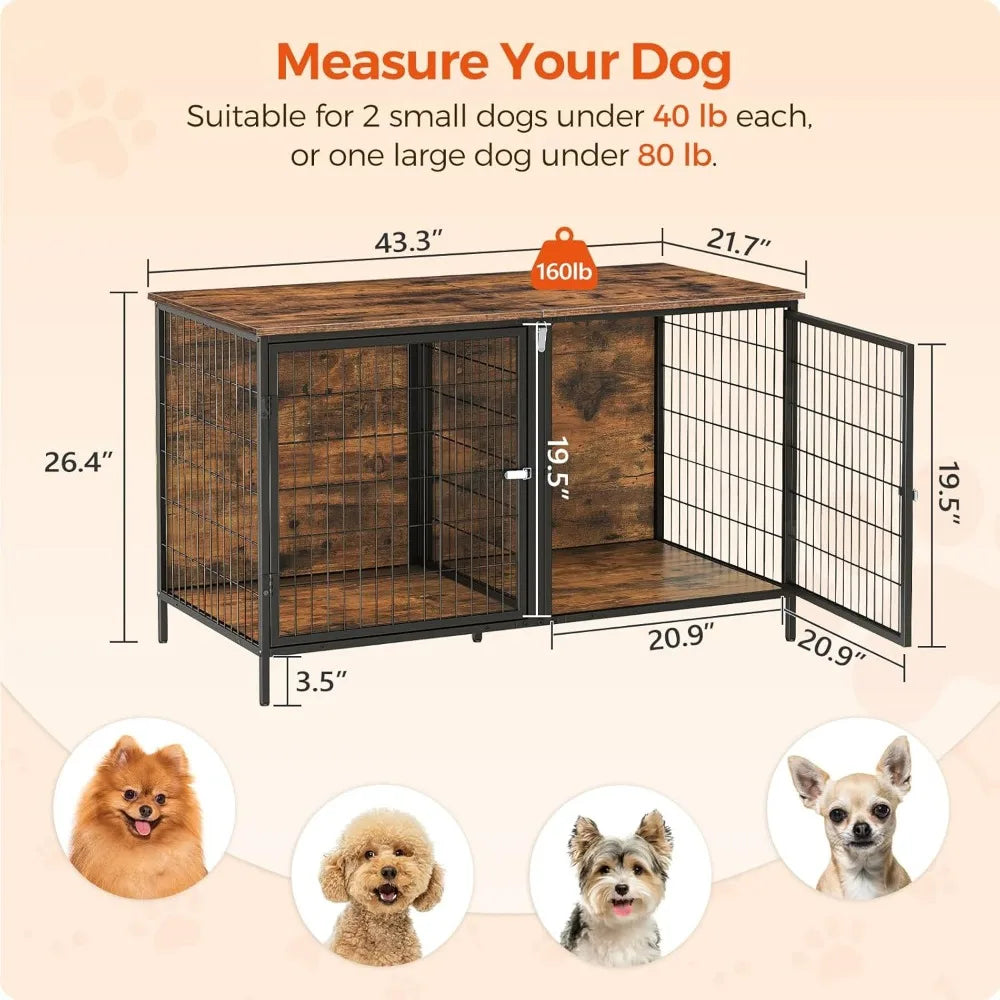 Double Dog Crate Furniture with Removable Divider, 43.3 Inch Rustic Brown Kennel for Small Medium Pets