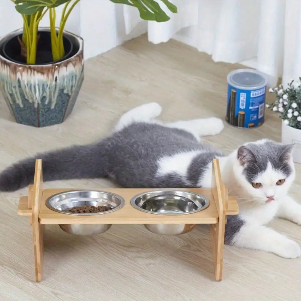 Bamboo 4 Level Adjustable Raised Pet Bowls Dog Bowl Station Elevated Food Stand