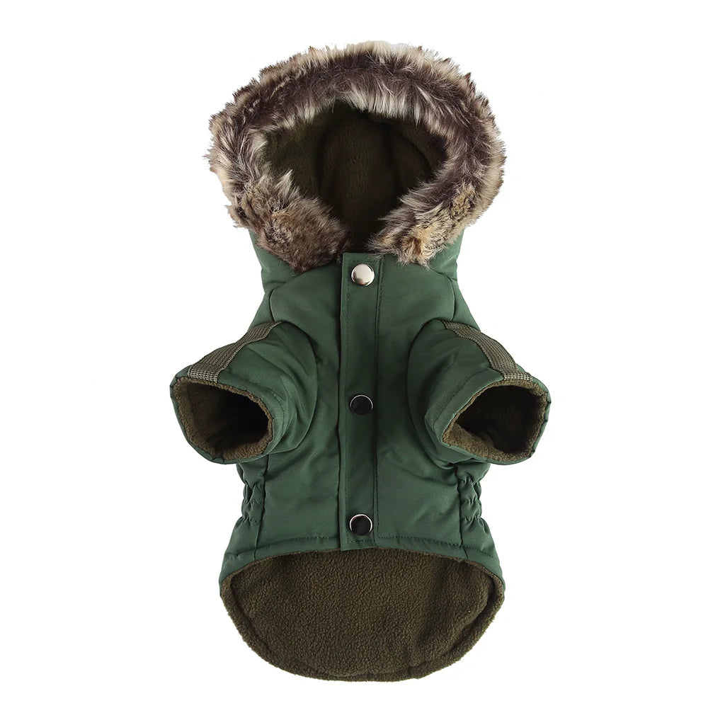 Winter Hooded Dog Coat with Reflective Strap Windproof Warm Pet Jacket with Flannel Lining Faux Fur Hood & Pocket for Small Dogs
