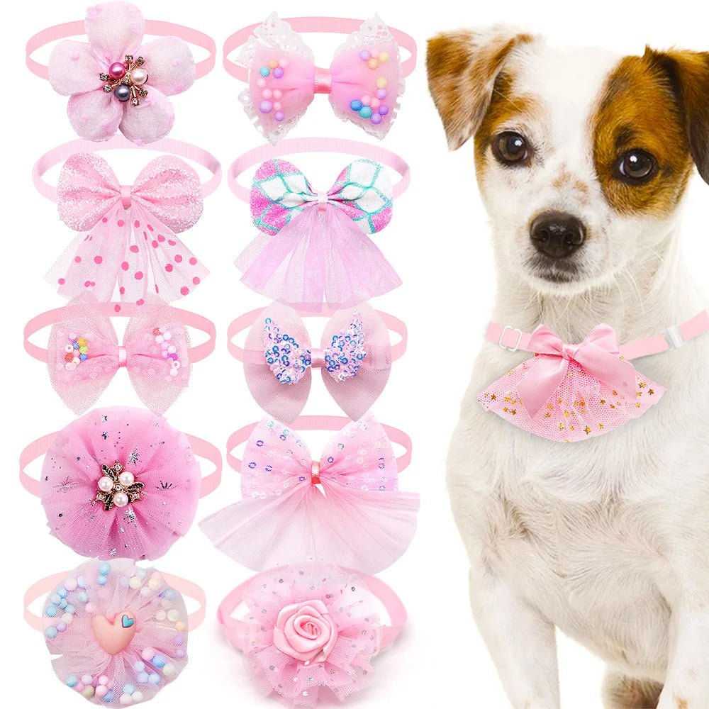 10pcs Pet Dog Bow Collar Adjustable Dog Cat Bows Collar Lace Bling Necktie for Small Dog Accessories Puppy Grooming Supplier